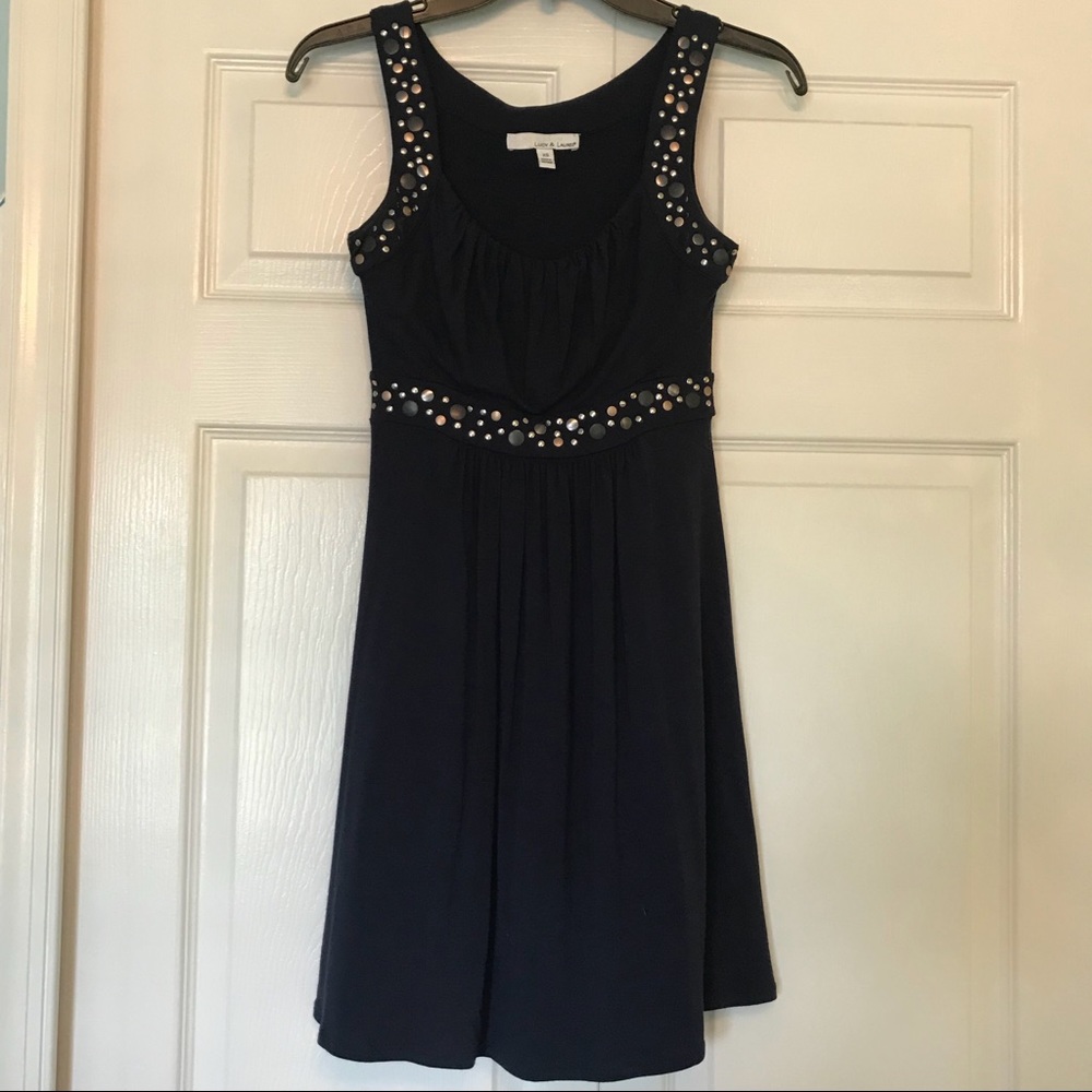 Lucy & Laurel Navy Blue Studded Jersey Dress XS Silver Embellished Fit Flare